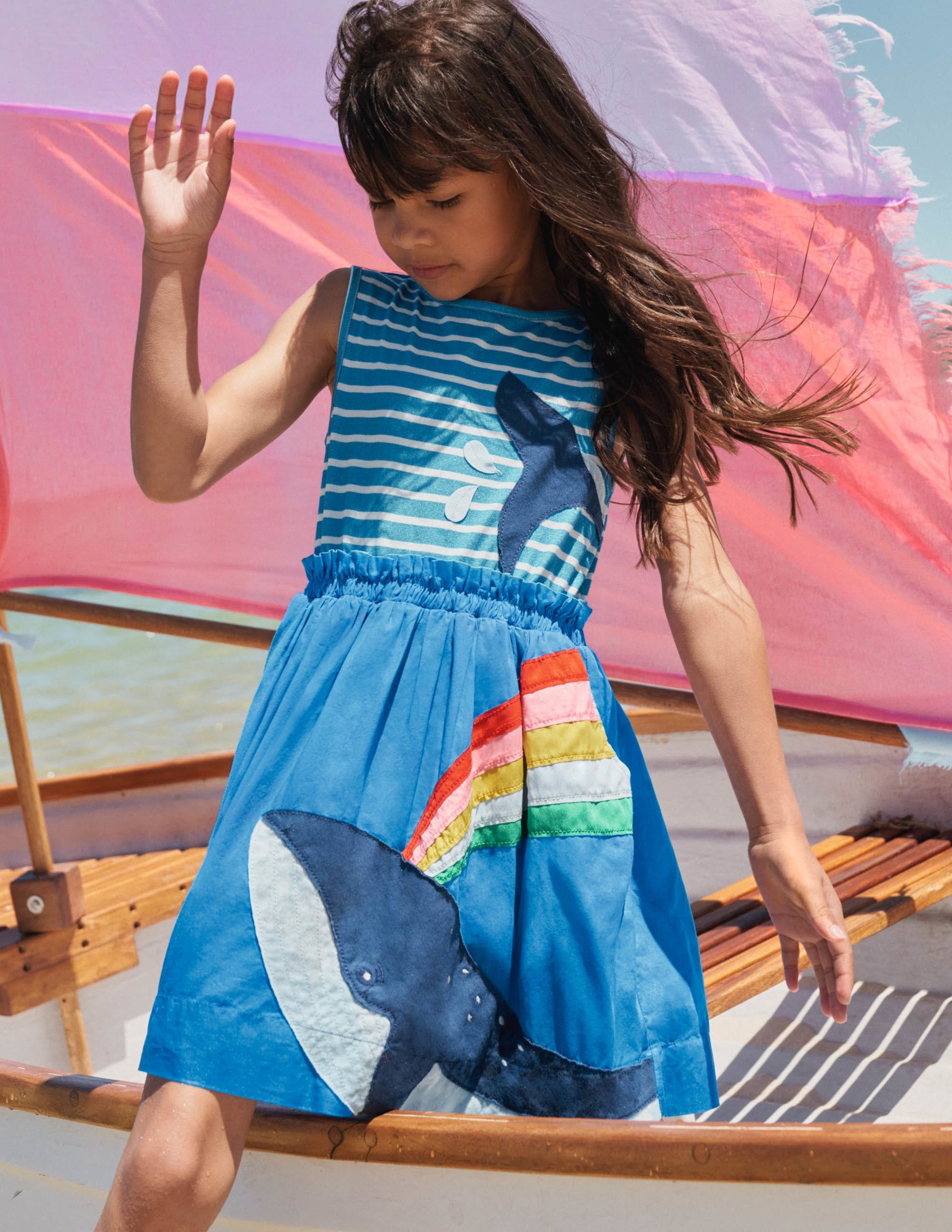 Kleid aus einer Webmischung mit Applikation-Marokkoblau/Naturweiß, Wal-4