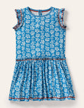 Jerseykleid mit Rüschen-Bahamasblau/Naturweiß, Holzschnittmuster