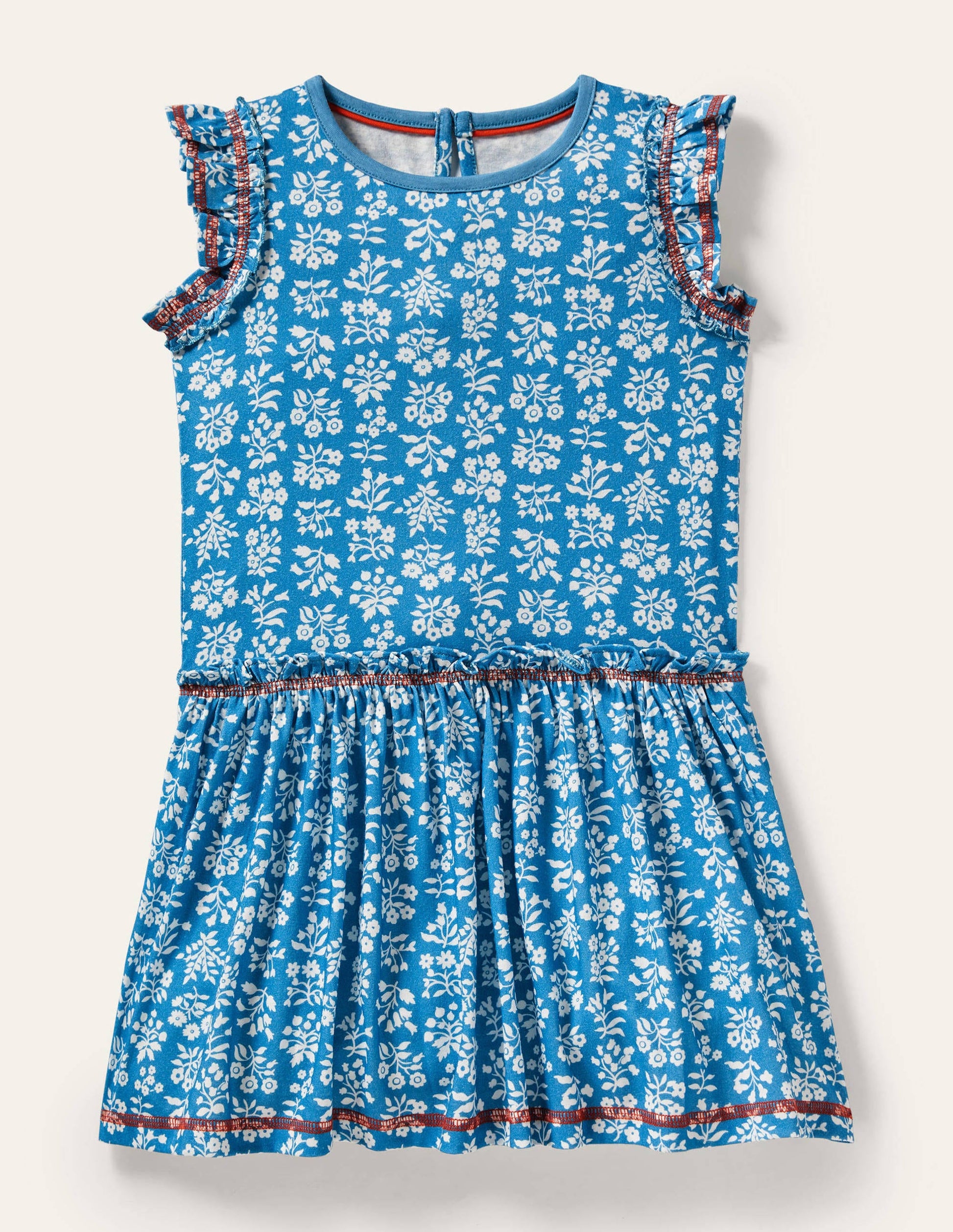 Jerseykleid mit Rüschen-Bahamasblau/Naturweiß, Holzschnittmuster-1