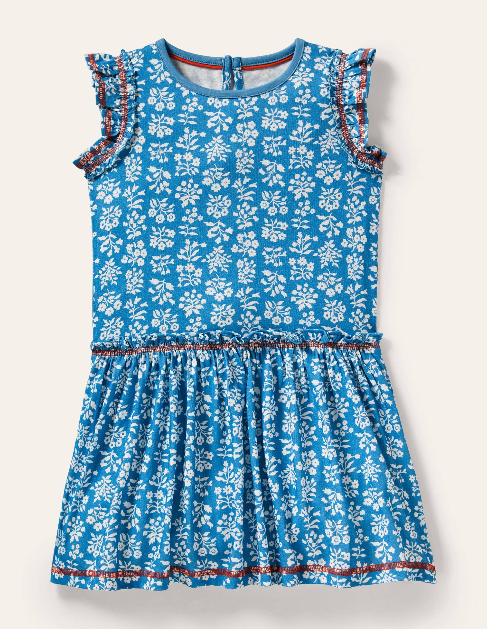 Jerseykleid mit Rüschen-Bahamasblau/Naturweiß, Holzschnittmuster - Image 1