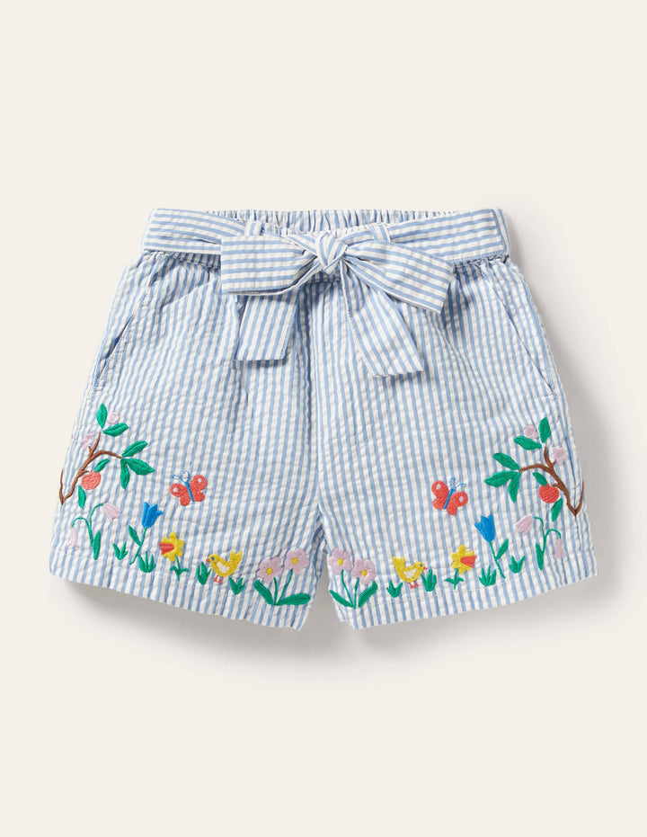 Embroidered Tie-waist Shorts-Bright Bluebell Ticking