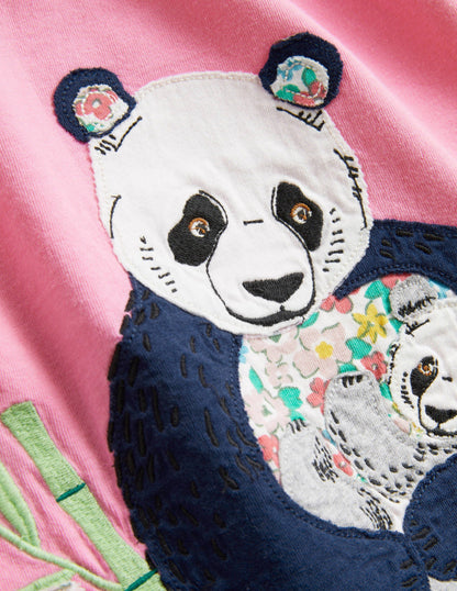 Kurzärmliges T-Shirt mit Applikation-Helles Blütenrosa, Pandas