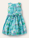 Vintage-Kleid-Wasserblau, Frühlingsmuster mit Häschen