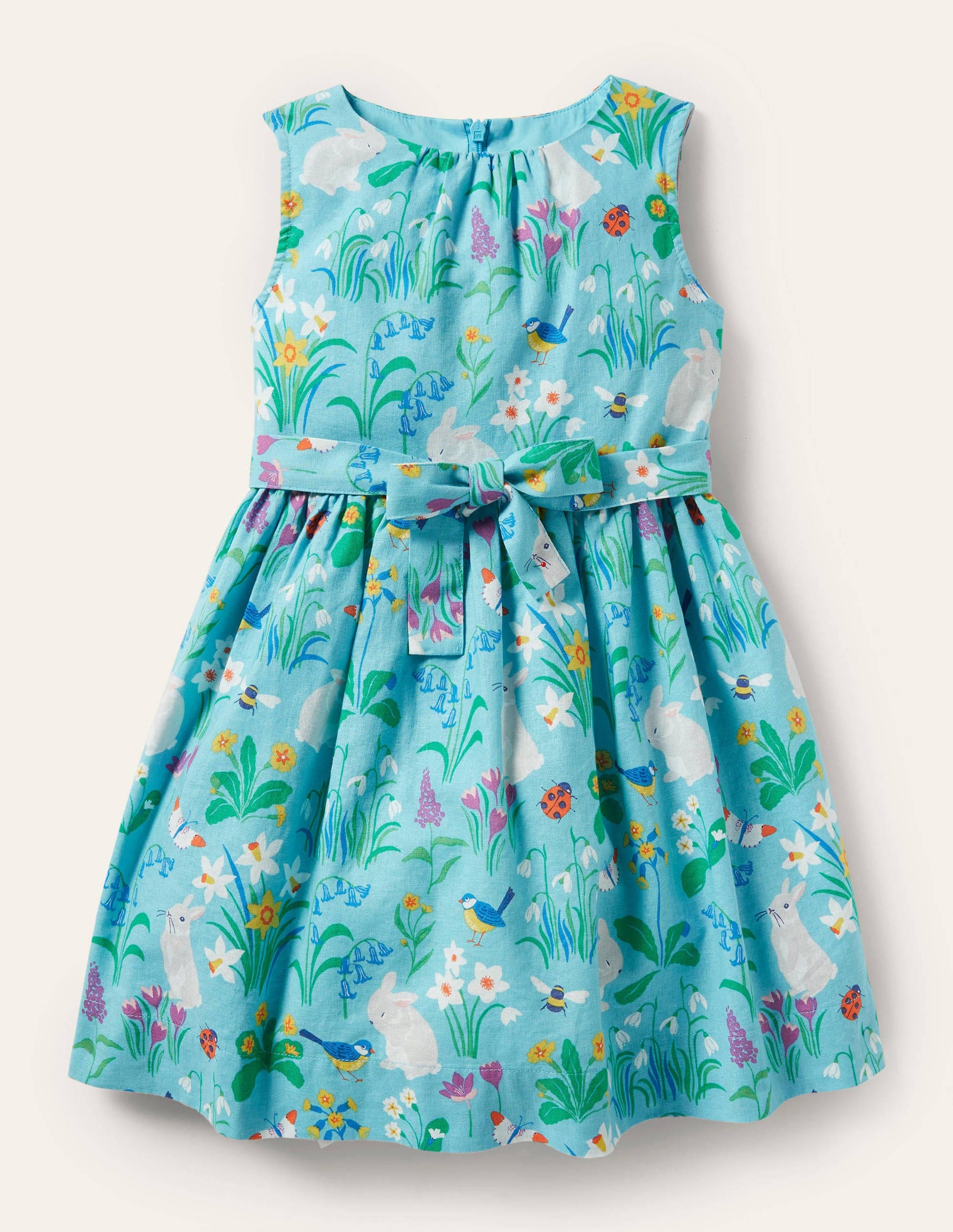 Vintage-Kleid-Wasserblau, Frühlingsmuster mit Häschen-1