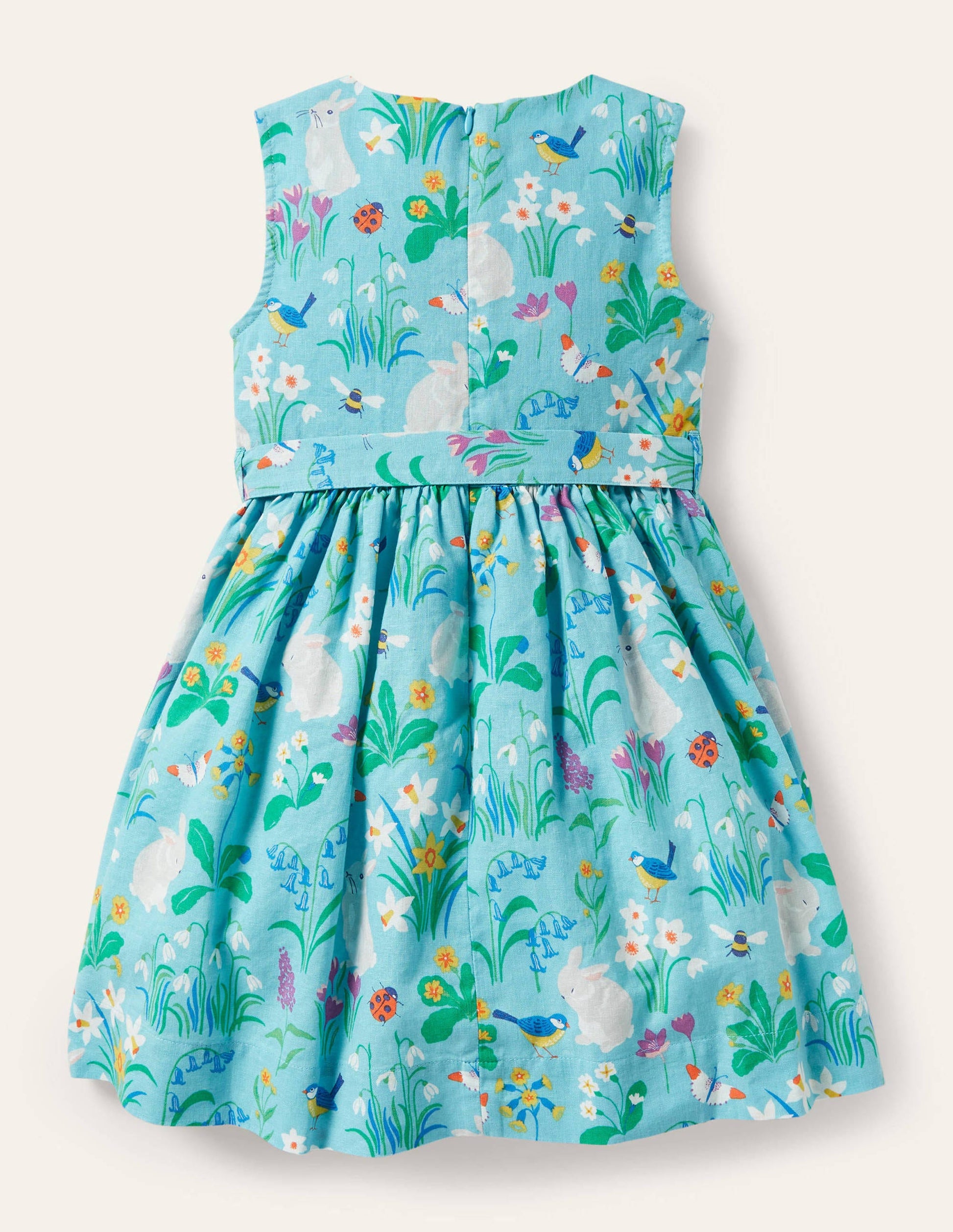 Vintage-Kleid-Wasserblau, Frühlingsmuster mit Häschen-2