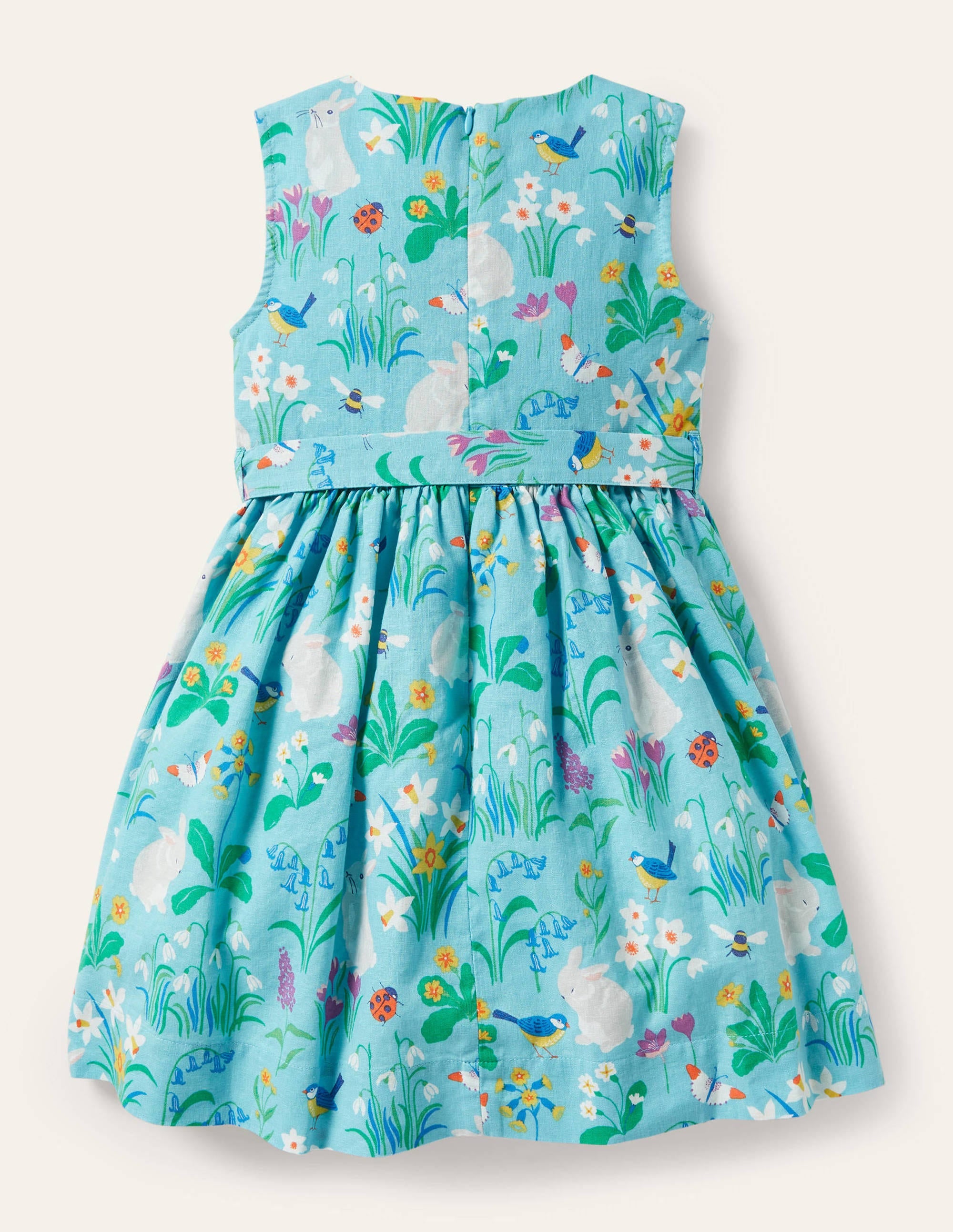 Vintage-Kleid-Wasserblau, Frühlingsmuster mit Häschen - Image 2