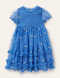 Robe à volants en tulle-Bleu élisabéthain