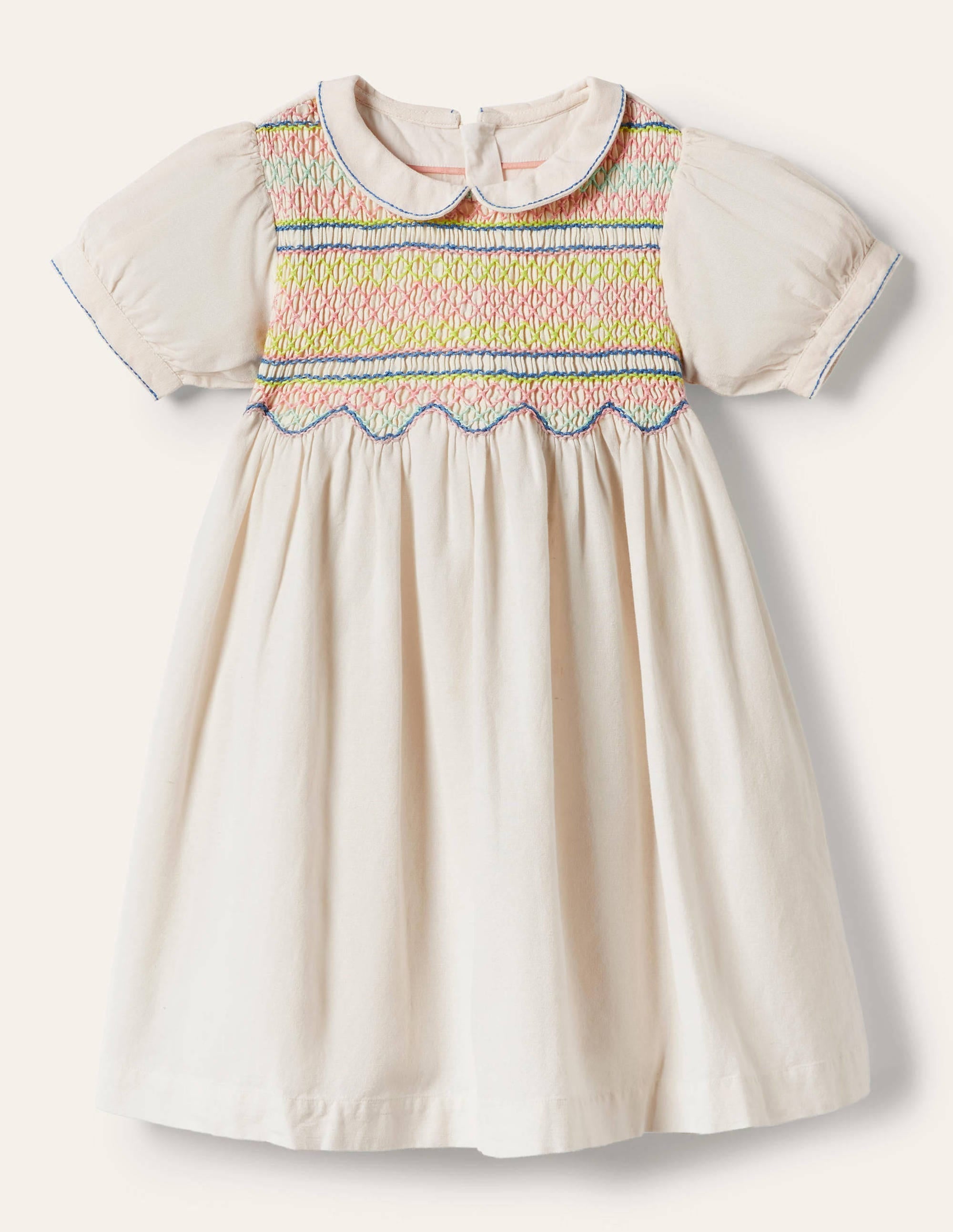 Robe vintage à smocks-Ivoire et Bleu Marine à Pois - Image 1