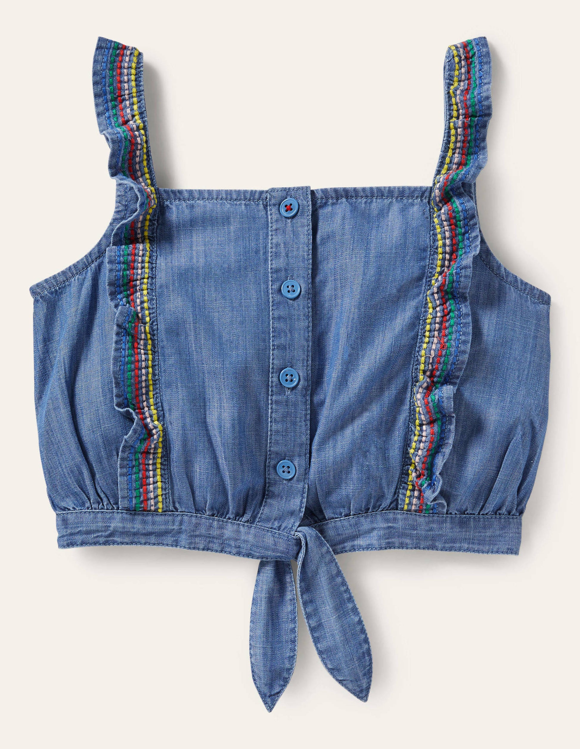 Top noué sur le devant à coutures multiples-Chambray-1