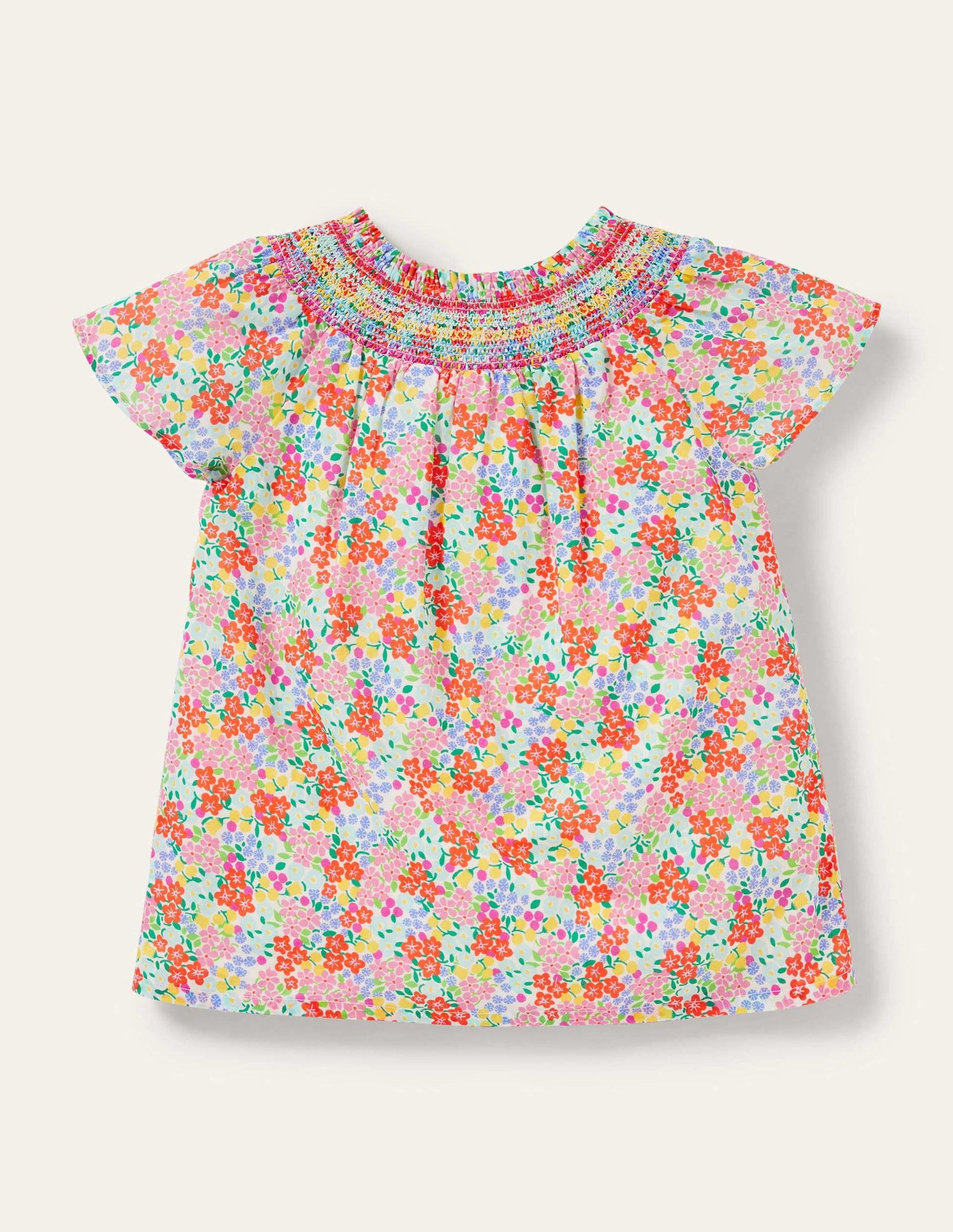 Top tissé à empiècement smocké-Lit de fleurs tropicales-1