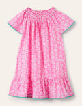 Caftan imprimé à smocks-Motif xylographique rose fraise glacée