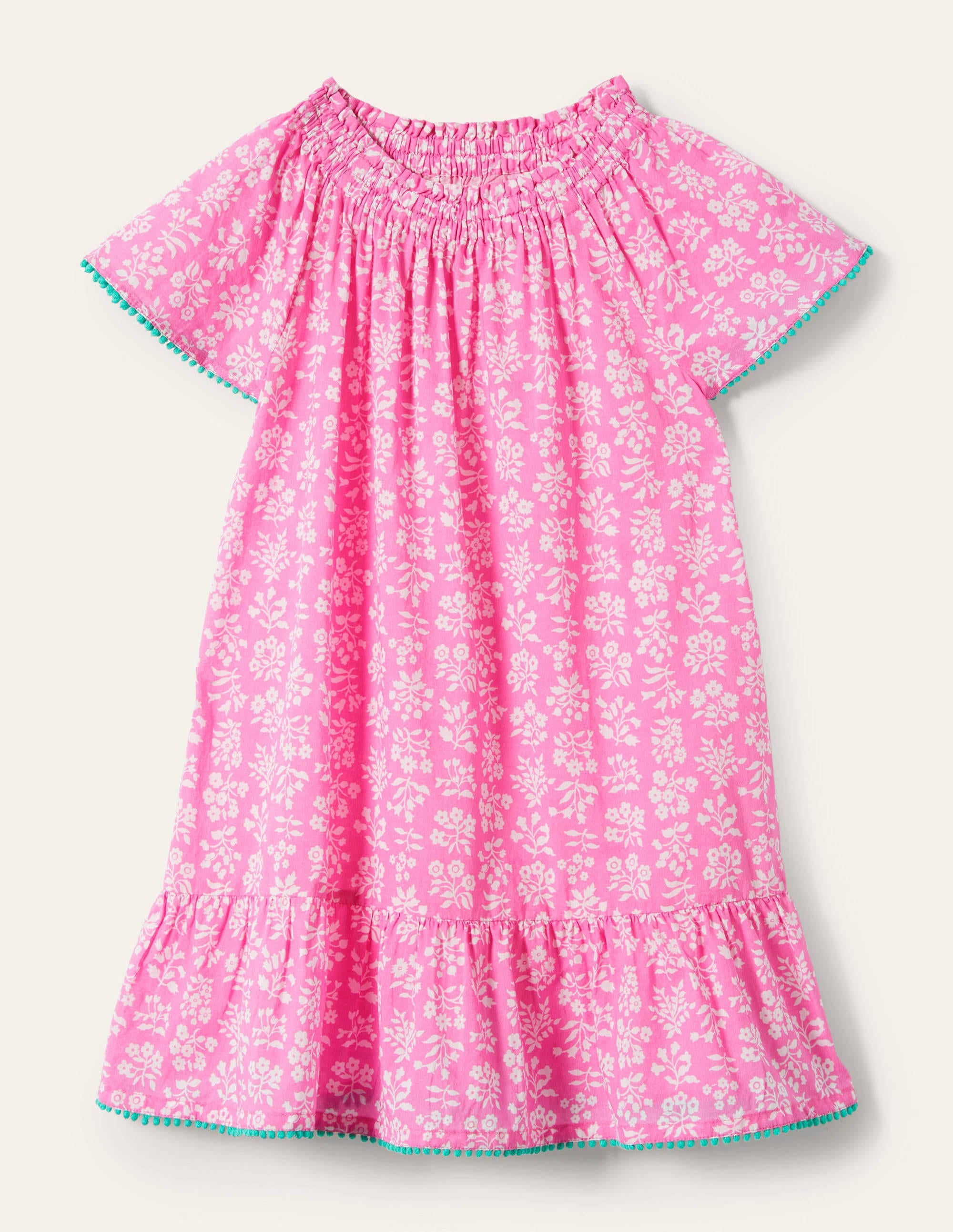 Caftan imprimé à smocks-Motif xylographique rose fraise glacée - Image 1