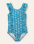 Frilly Strap Swimsuit-Bahama Blue Woodblock