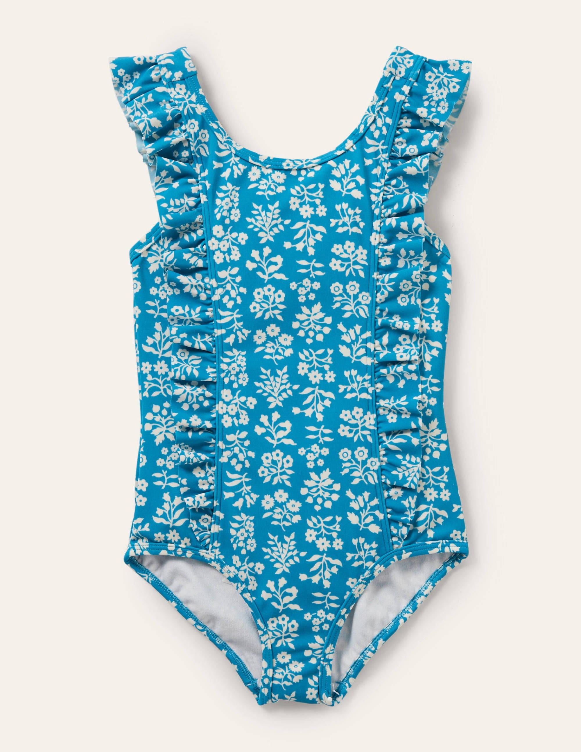 Maillot de bain à bretelles et volants-Motif xylographique bleu Bahamas - Image 1