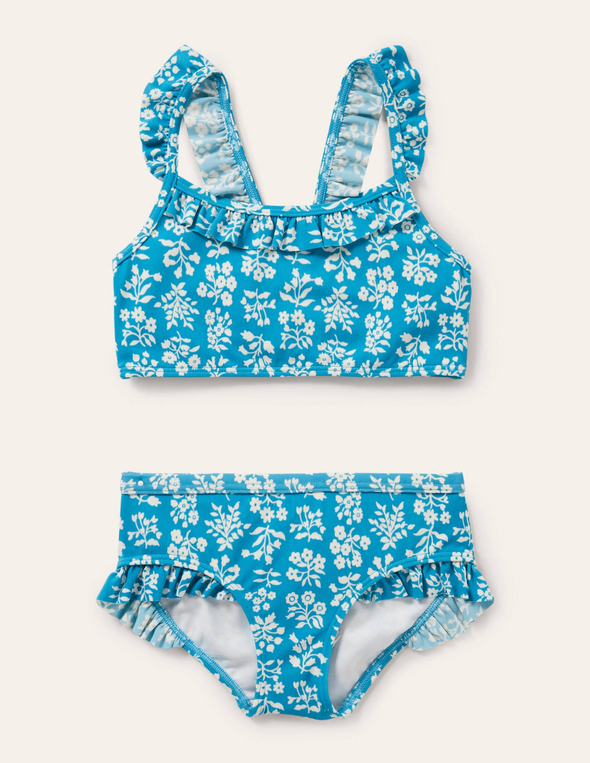 Bikini volanté à bretelles-Motif xylographique bleu Bahamas-1
