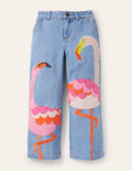 Jeans mit Applikation-Mittleres Vintageblau, Flamingo
