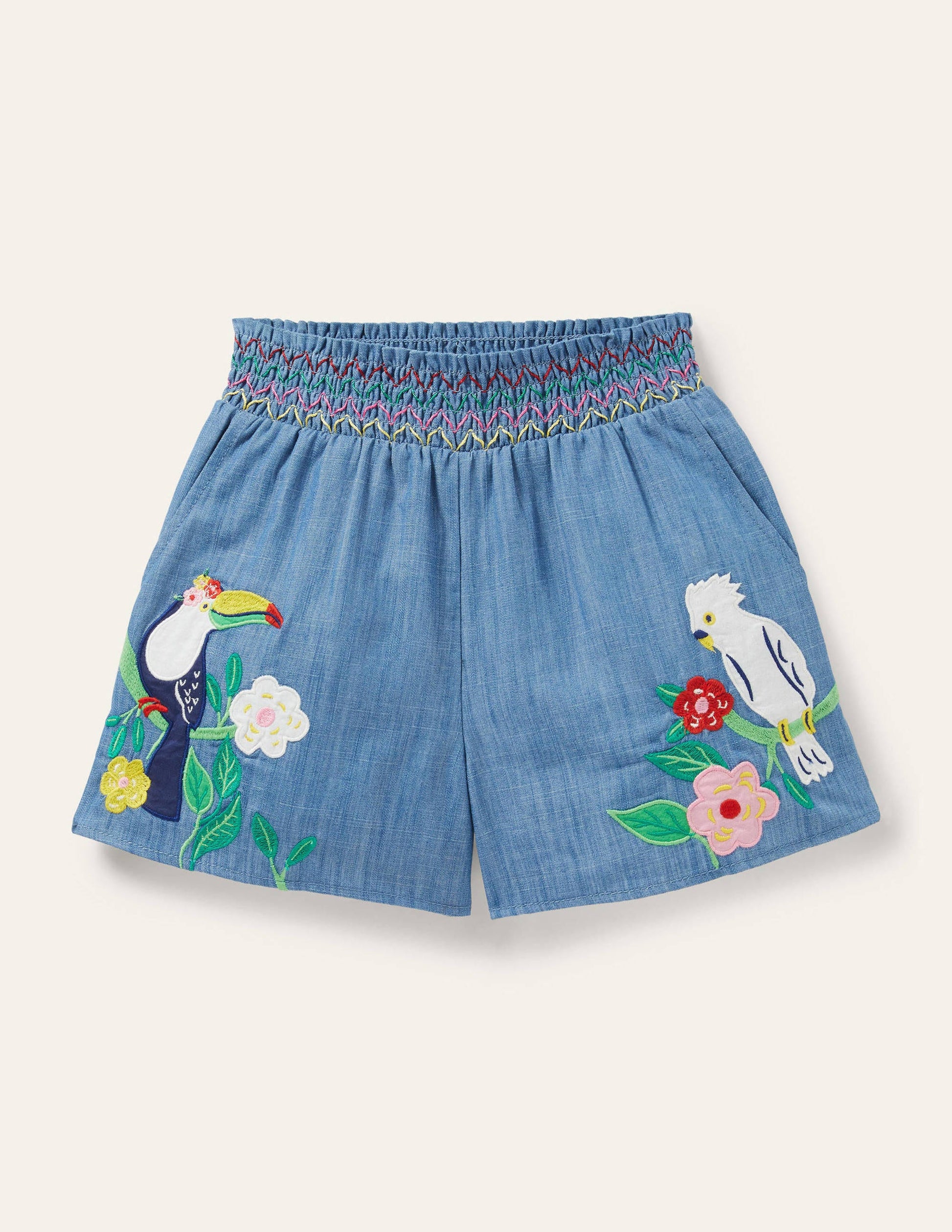 Short brodé et froncé-Oiseaux chambray-1