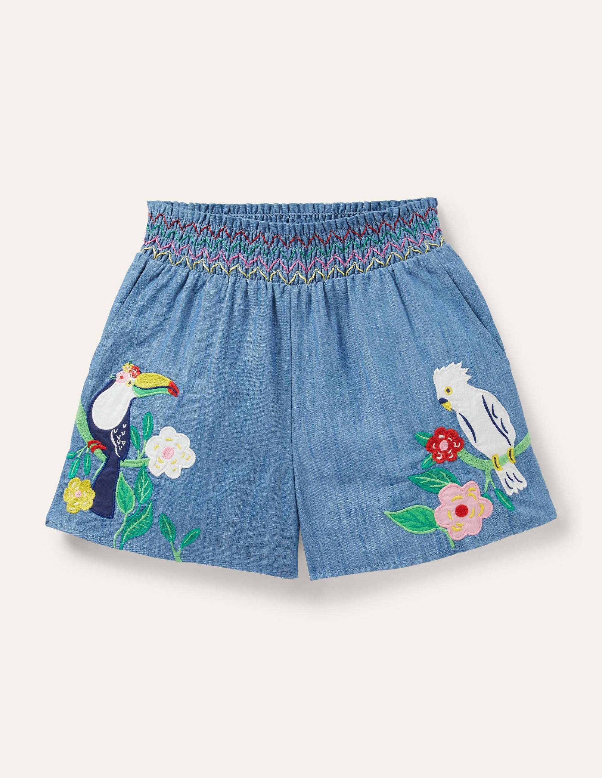 Short brodé et froncé-Oiseaux chambray - Image 1