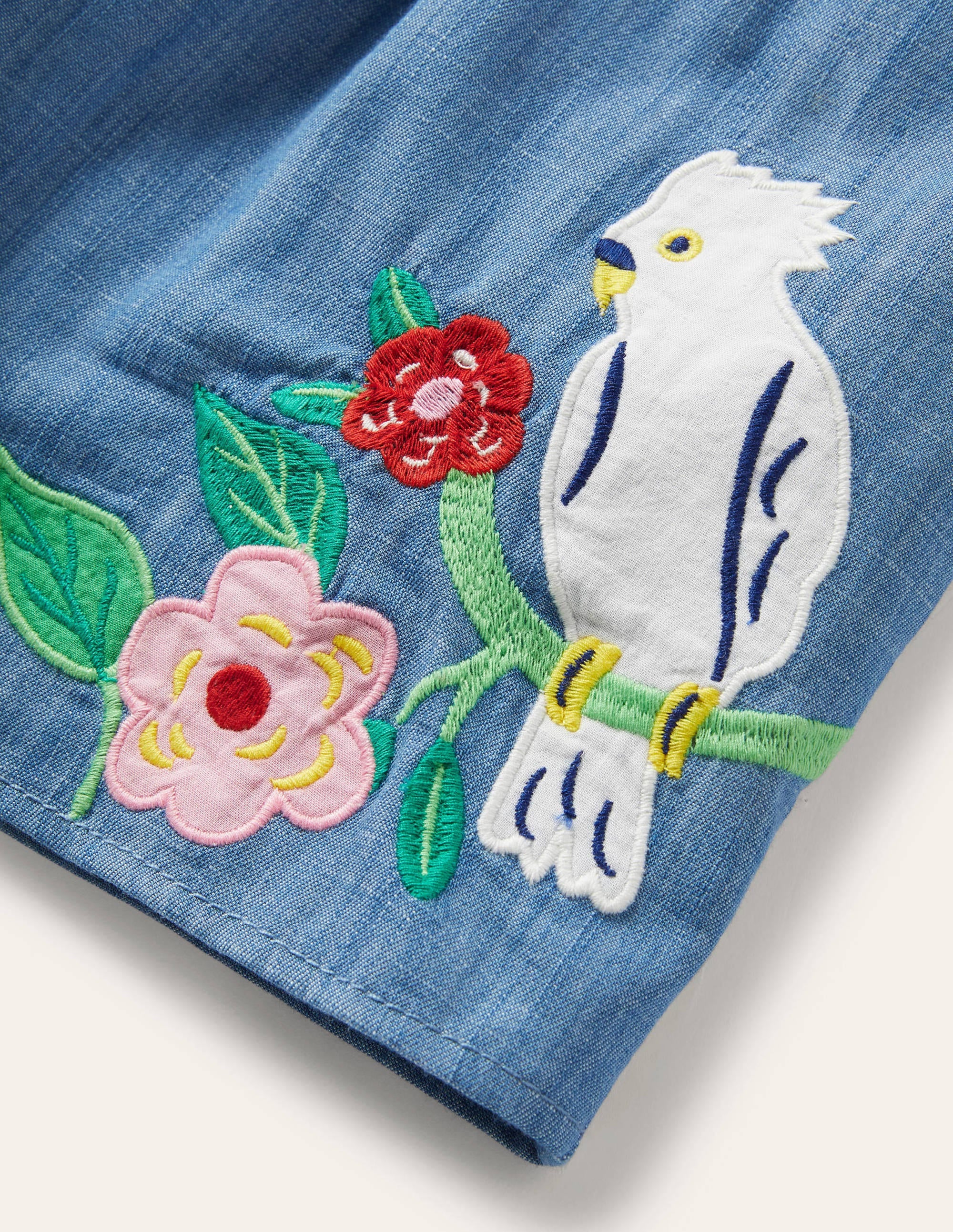 Short brodé et froncé-Oiseaux chambray - Image 3