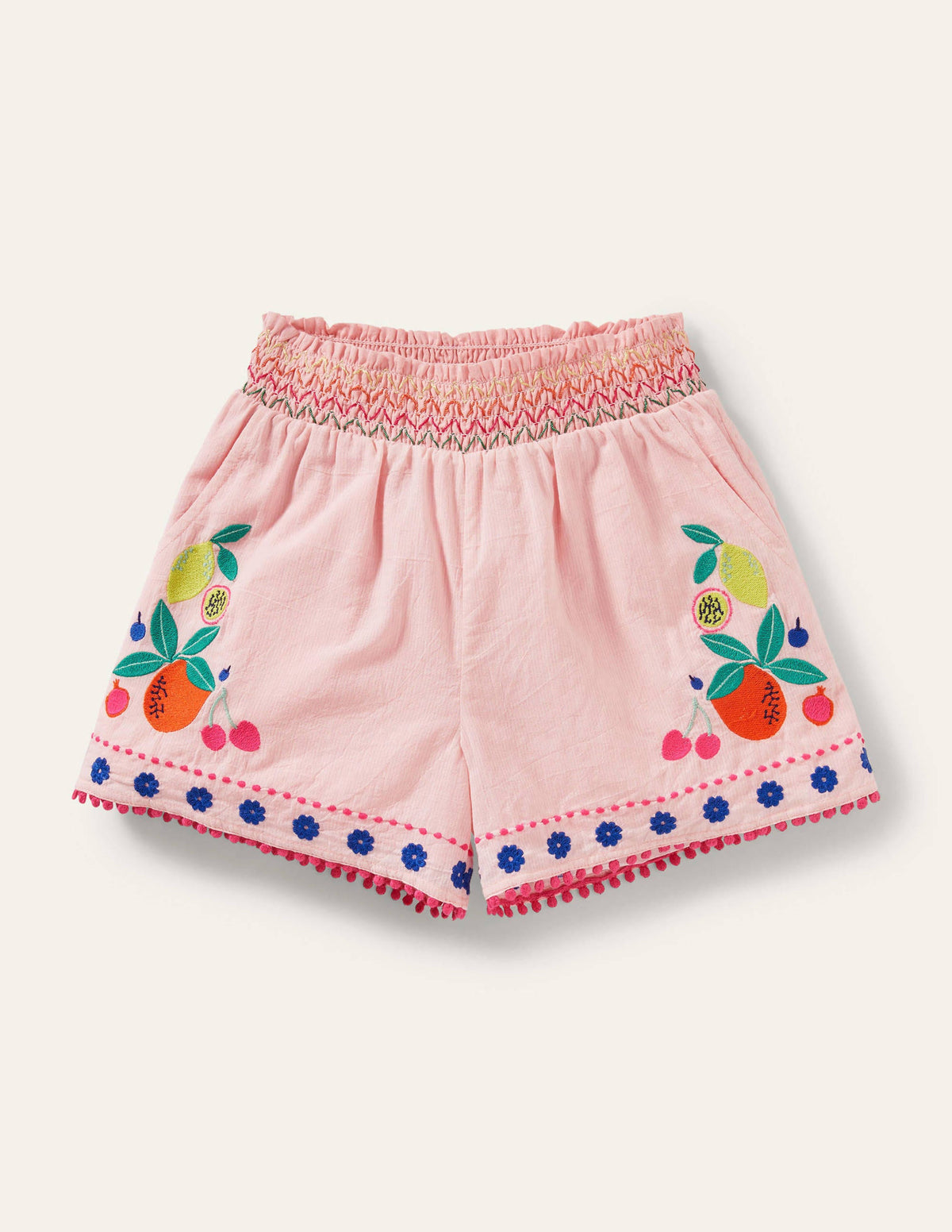 Shirred Embroidered Shorts-Boto Pink Fruit - Image 1