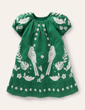 Robe brodée à manches bouffantes-Oiseaux poivron vert