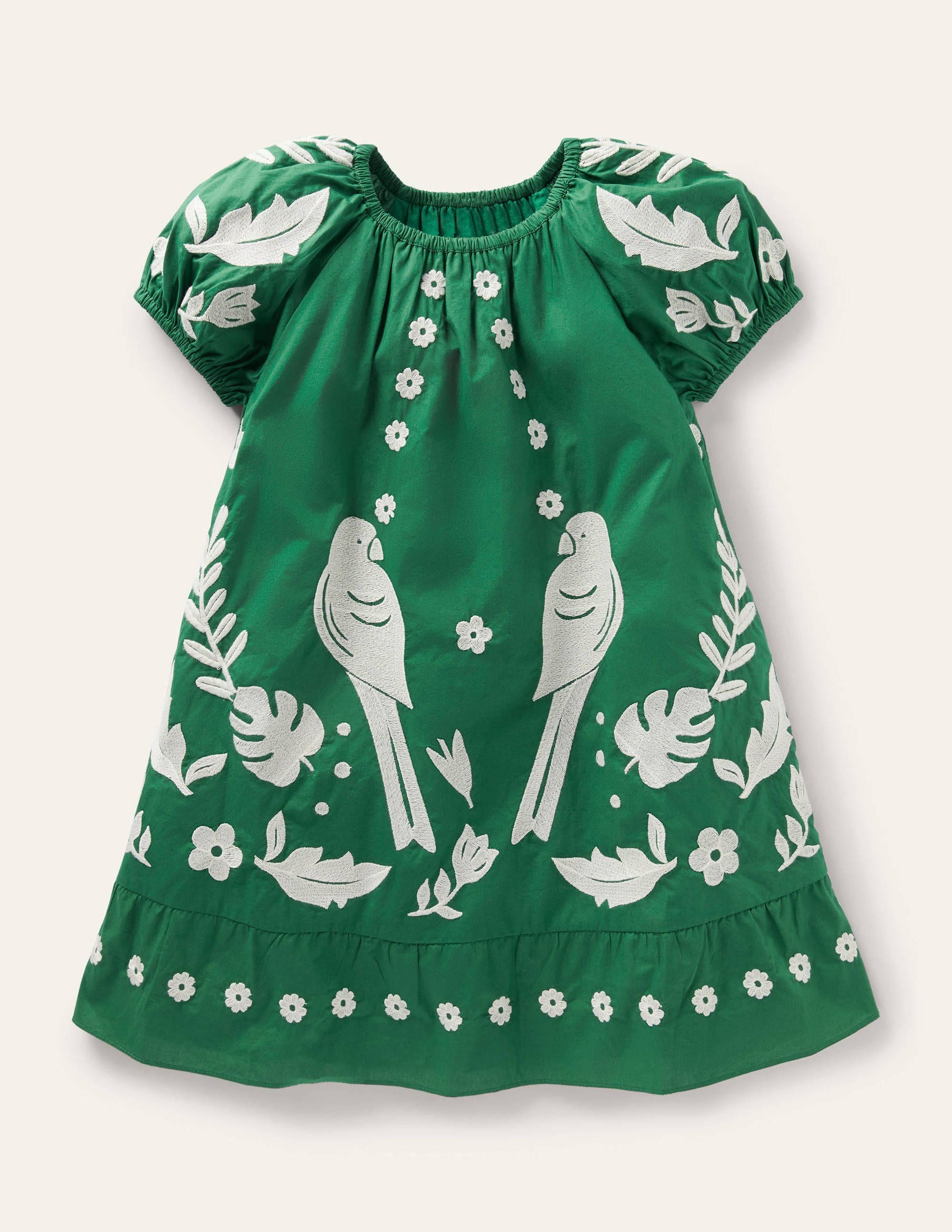 Robe brodée à manches bouffantes-Oiseaux poivron vert-1