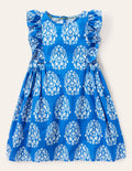 Robe imprimée à manches volantées-Motif xylographique bleu marina vif