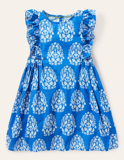 Gemustertes Kleid mit Rüschenärmeln-Helles Marineblau, Holzschnittmuster-3