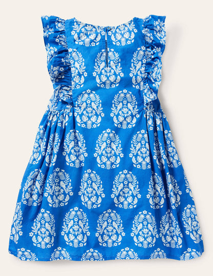 Gemustertes Kleid mit Rüschenärmeln-Helles Marineblau, Holzschnittmuster-4