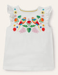 T-shirt volanté à logo-Perroquet floral ivoire