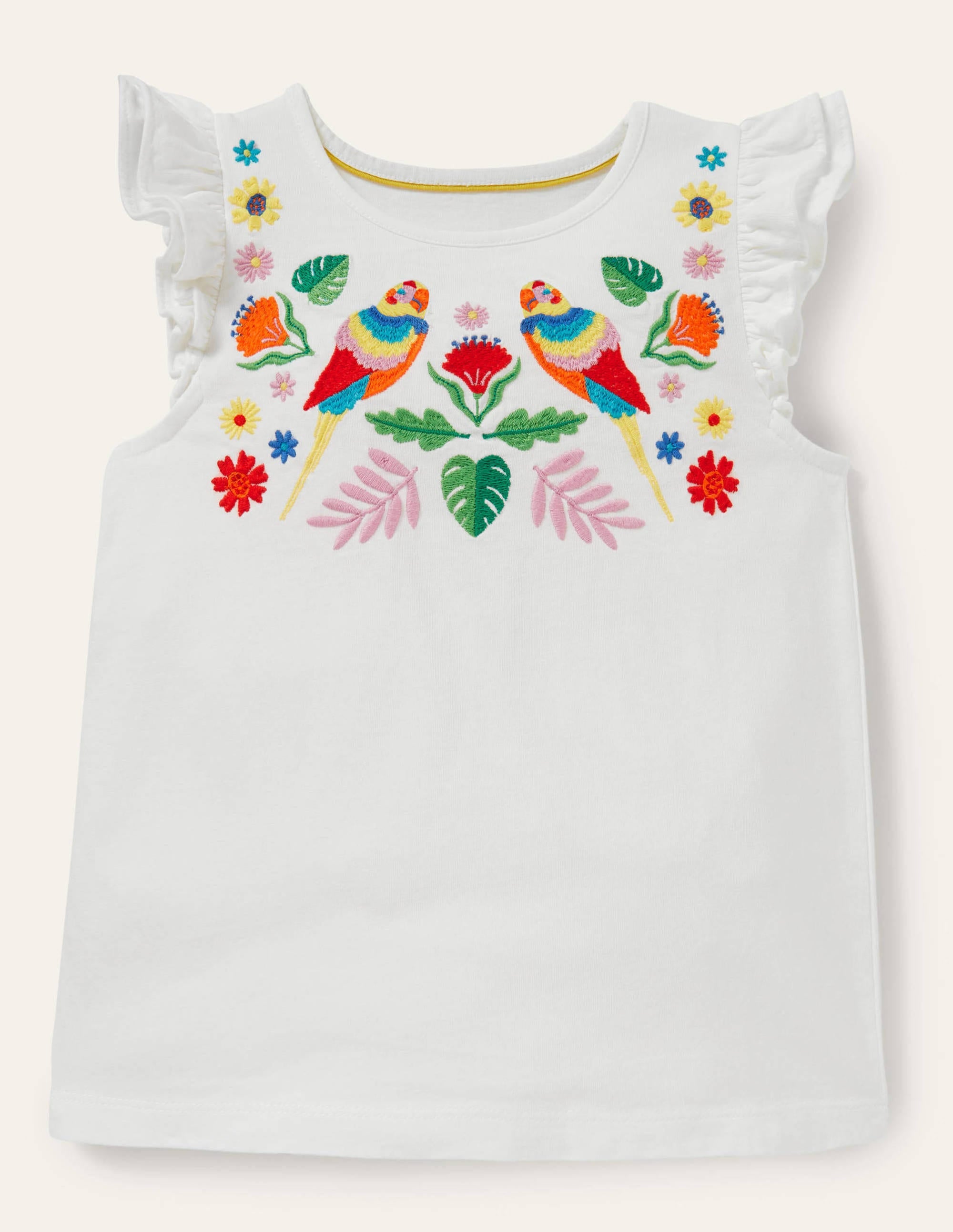 T-shirt volanté à logo-Perroquet floral ivoire - Image 1