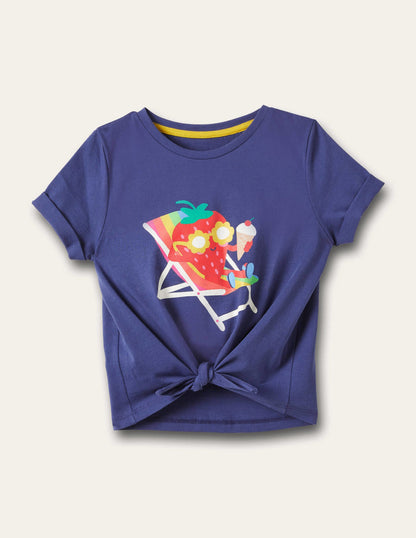 Motiv-T-Shirt mit Knotendetail-Segelblau/Erdbeere