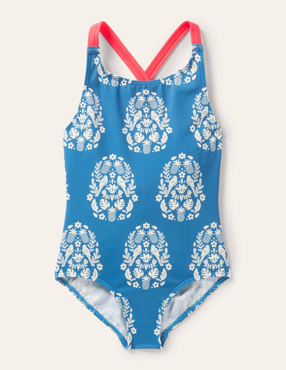 Maillot de bain imprimé croisé dans le dos-Motif xylographique tropical bleu marina-1