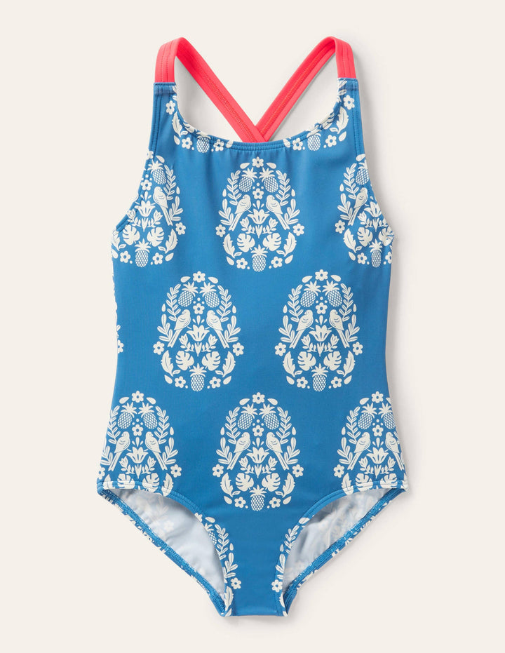 Cross-back Printed Swimsuit-Marine Blue Tropical Woodblock