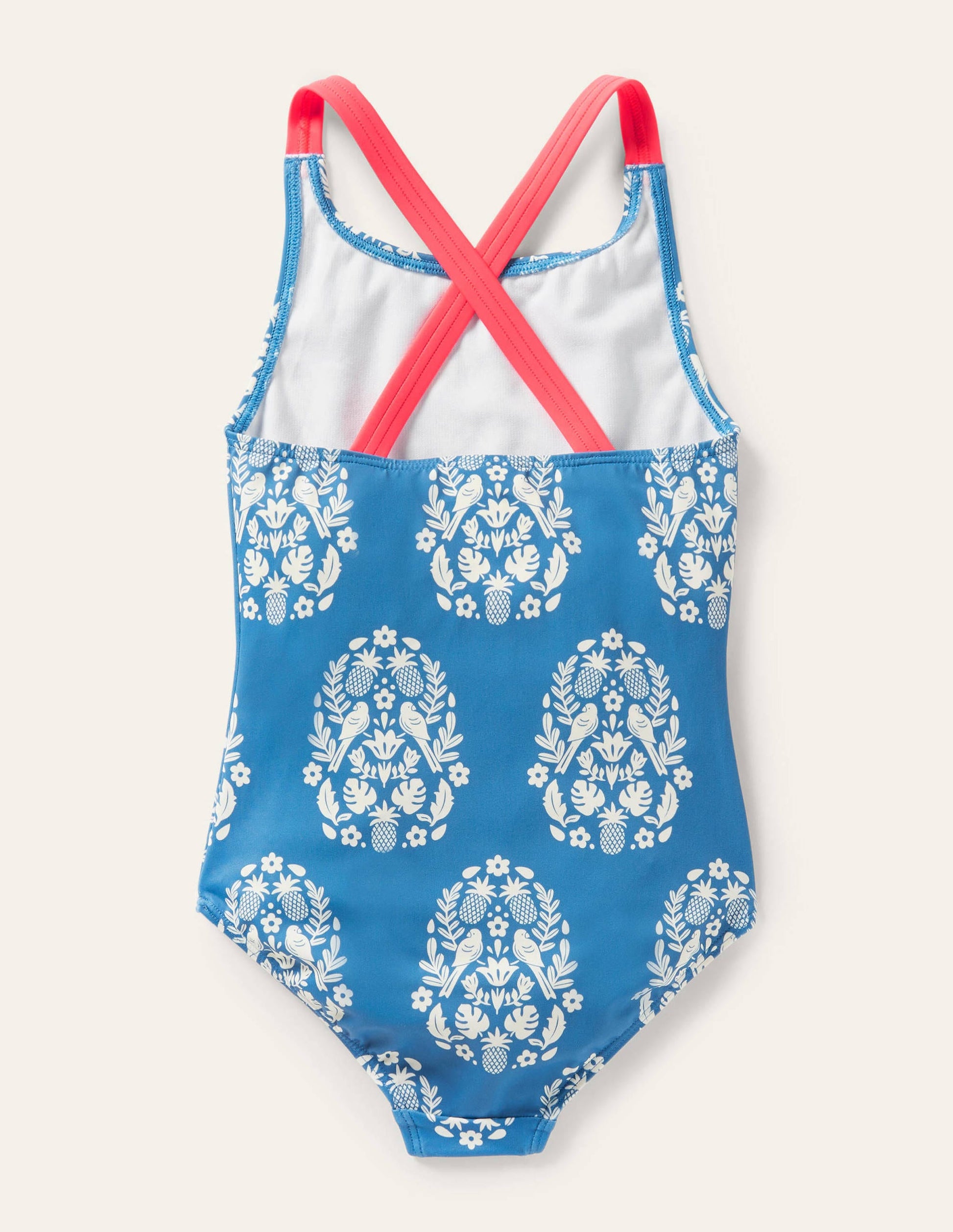 Maillot de bain imprimé croisé dans le dos-Motif xylographique tropical bleu marina-2