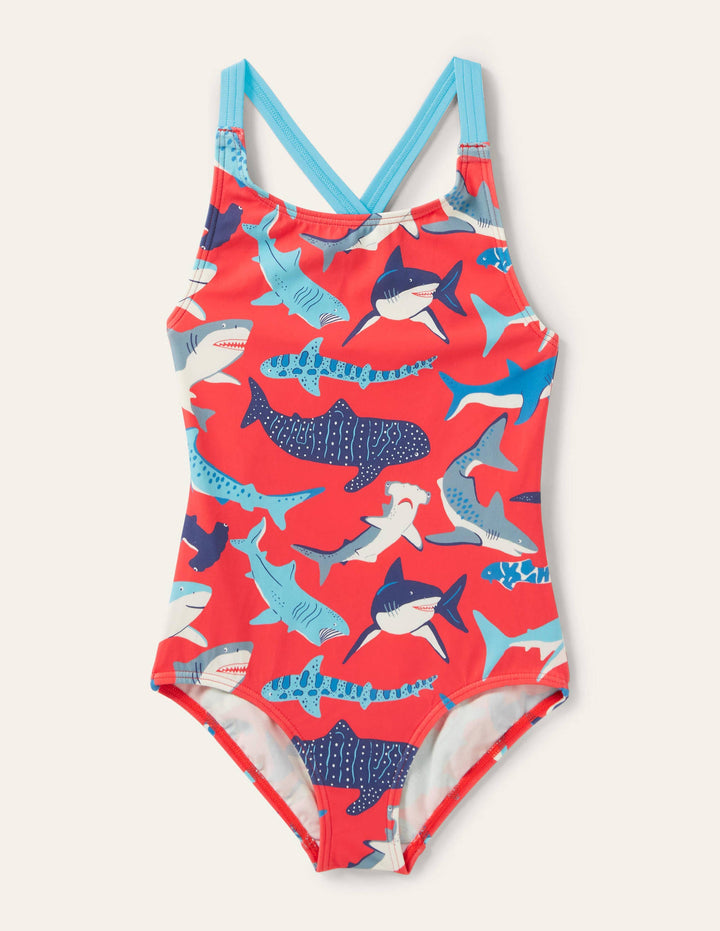 Cross-back Printed Swimsuit-Soft Red Sharks