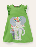 Kleid mit Rüschenärmeln und Applikation-Grünfink, Elefant