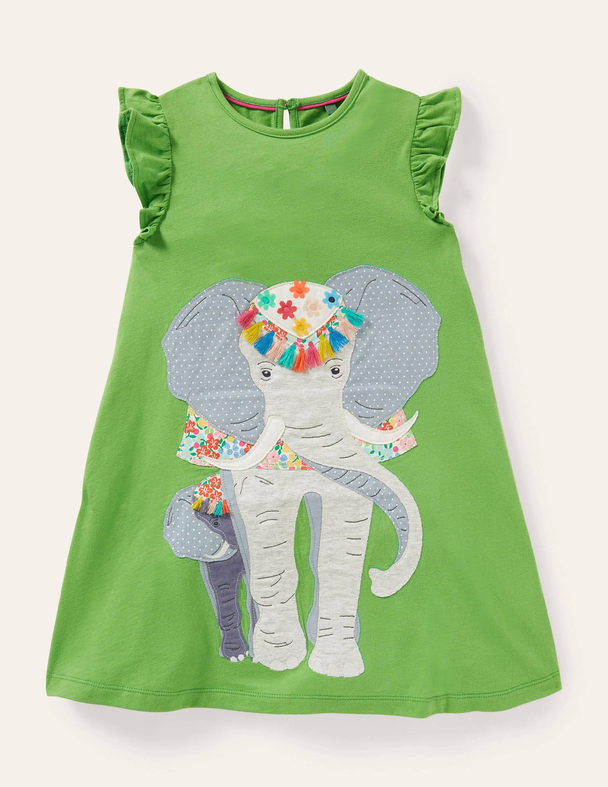 Kleid mit Rüschenärmeln und Applikation-Grünfink, Elefant - Image 1