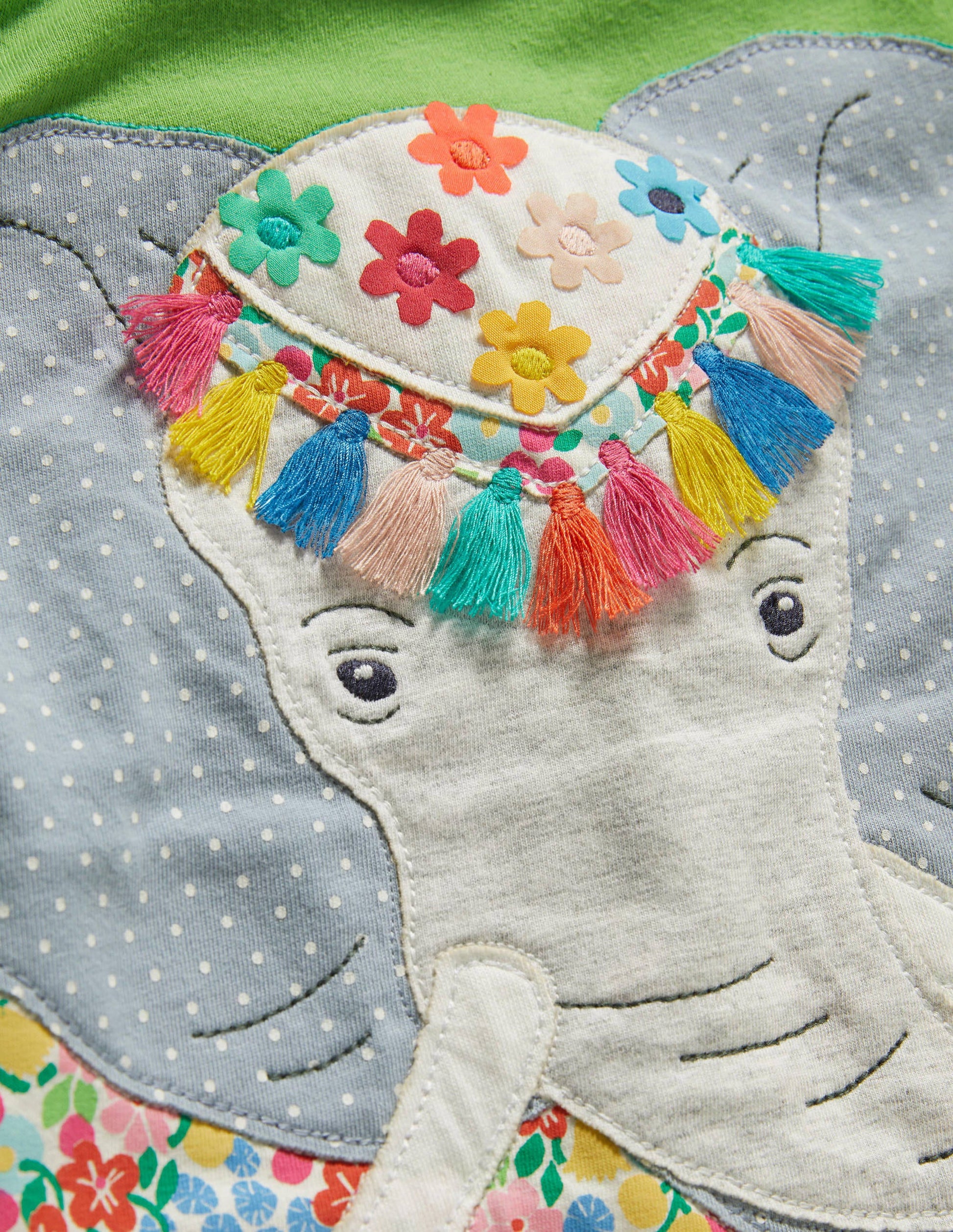 Kleid mit Rüschenärmeln und Applikation-Grünfink, Elefant-3