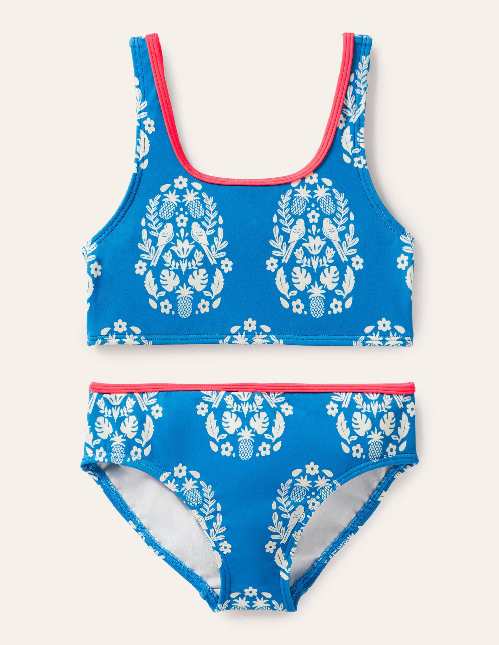 Bikini mit Knotendetail hinten-Marineblau, Tropisches Holzschnittmuster-1