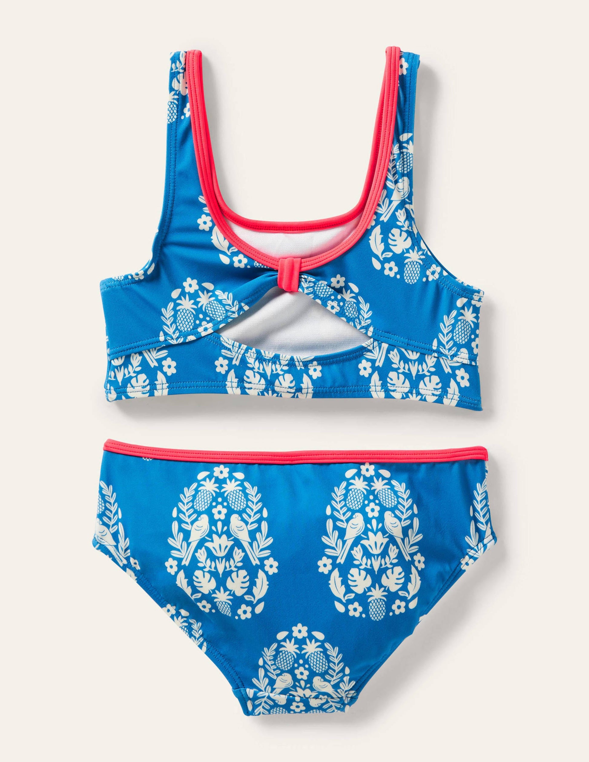Bikini mit Knotendetail hinten-Marineblau, Tropisches Holzschnittmuster-2