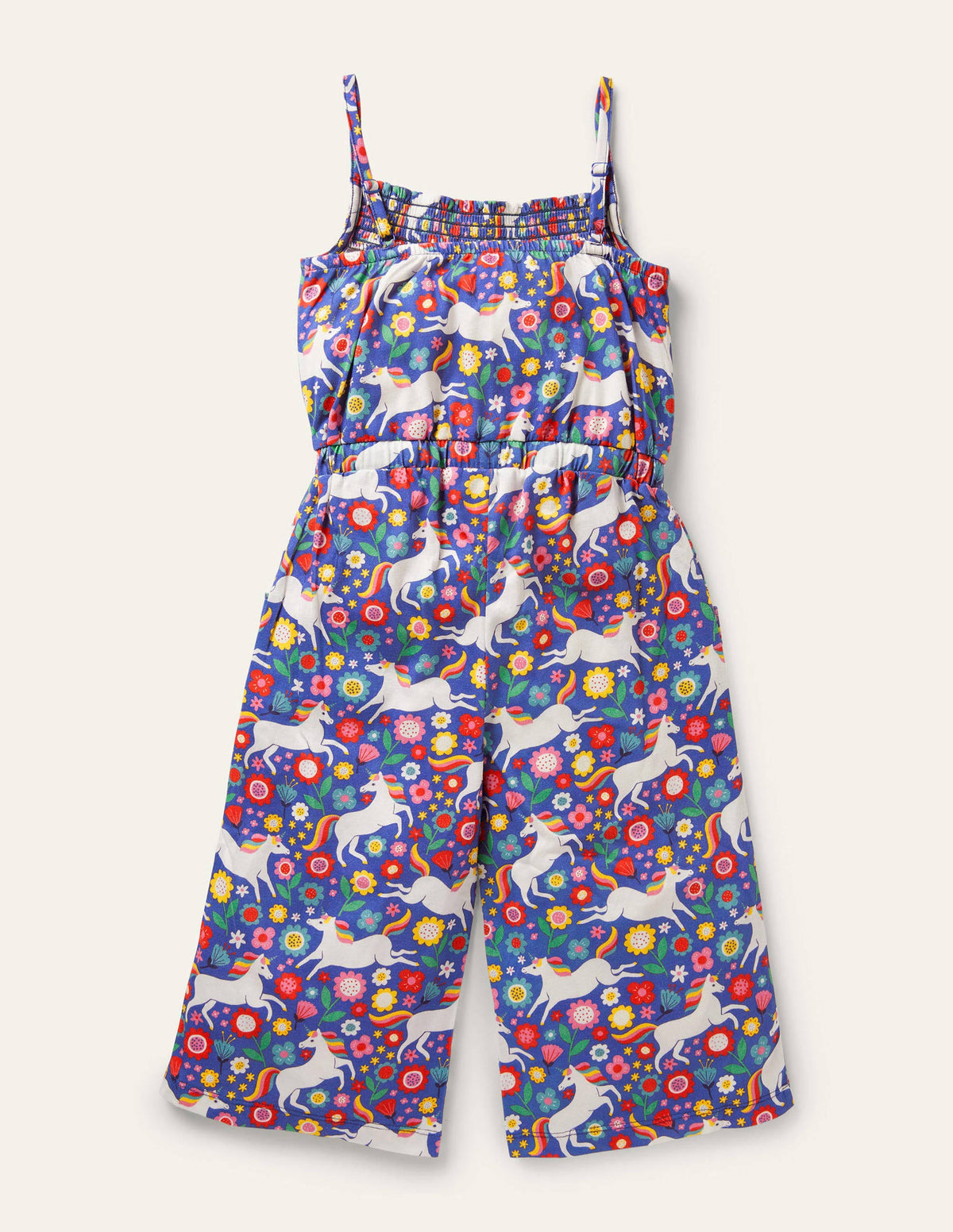 Jersey-Jumpsuit mit weitem Bein-Glockenblumenblau, Kleines Einhorn-/Blumenmuster-2