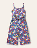 Jersey-Jumpsuit mit weitem Bein-Glockenblumenblau, Kleines Einhorn-/Blumenmuster