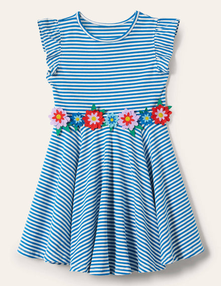 Ausgestelltes Kleid mit gerüschten Ärmeln-Strahlendes Marineblau/Naturweiß