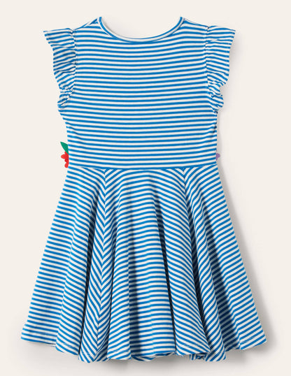 Ausgestelltes Kleid mit gerüschten Ärmeln-Strahlendes Marineblau/Naturweiß-2