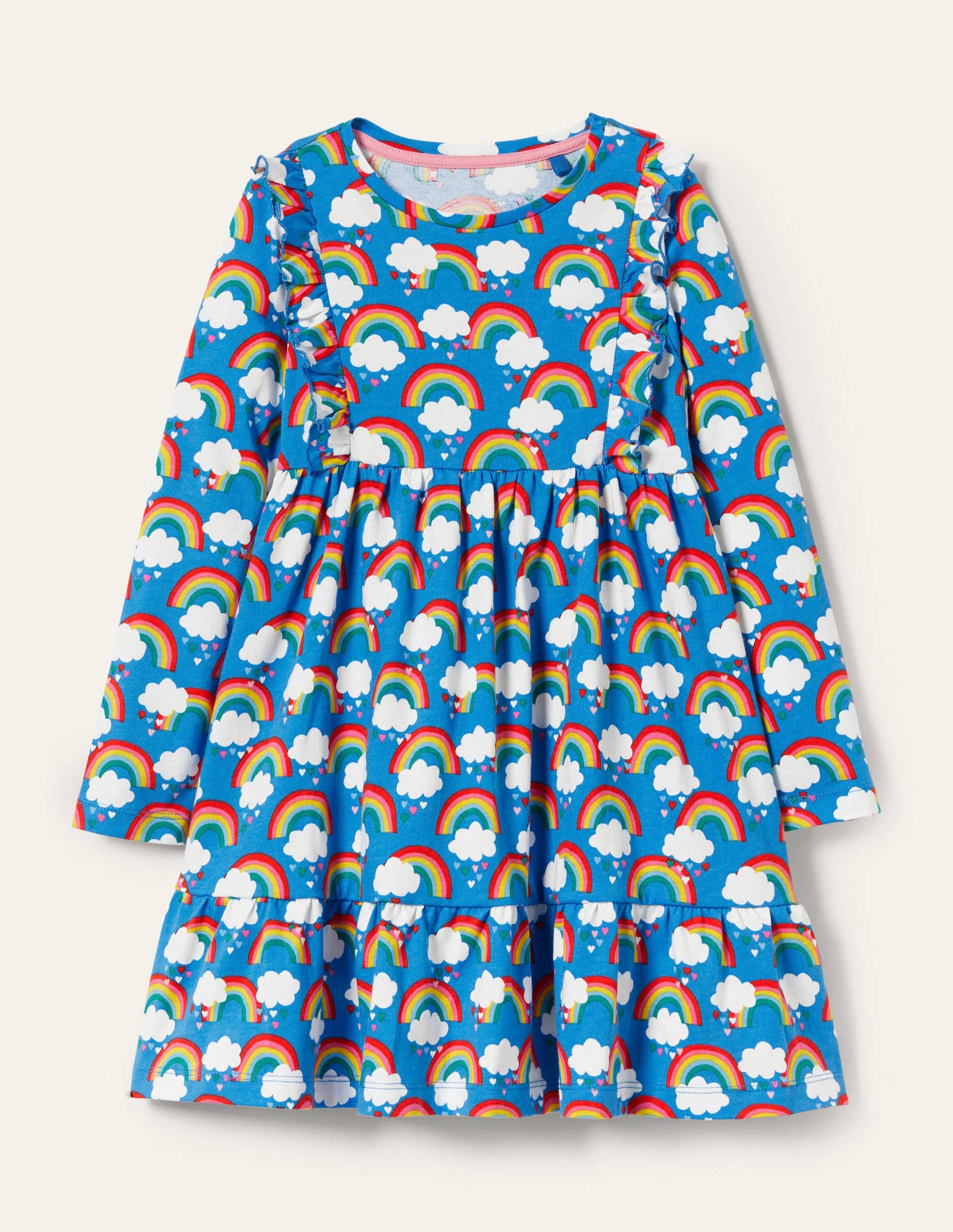 Gestuftes Jerseykleid mit Rüschen-Marokkoblau, Regenbogen/Herzen-1
