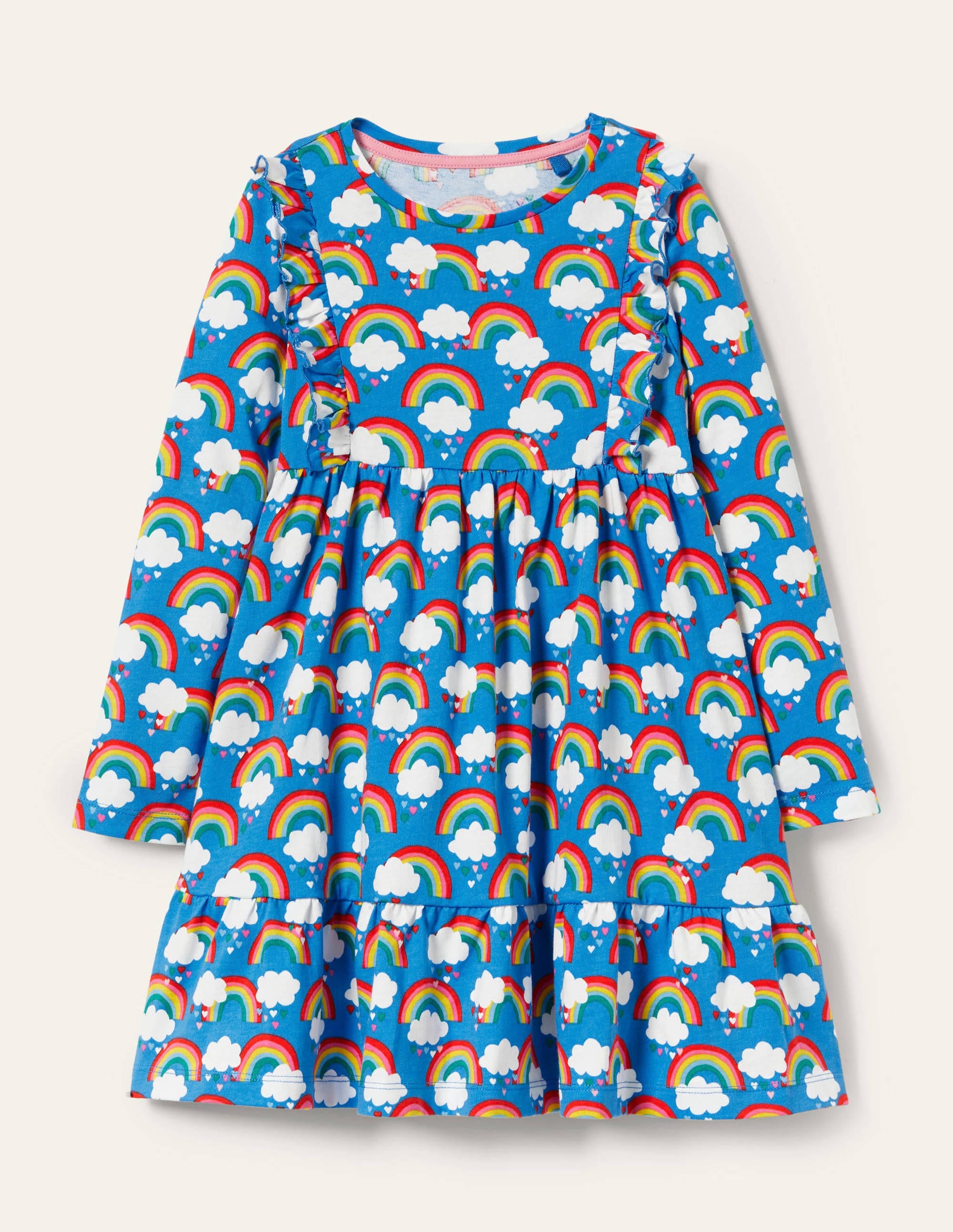 Gestuftes Jerseykleid mit Rüschen-Marokkoblau, Regenbogen/Herzen - Image 1