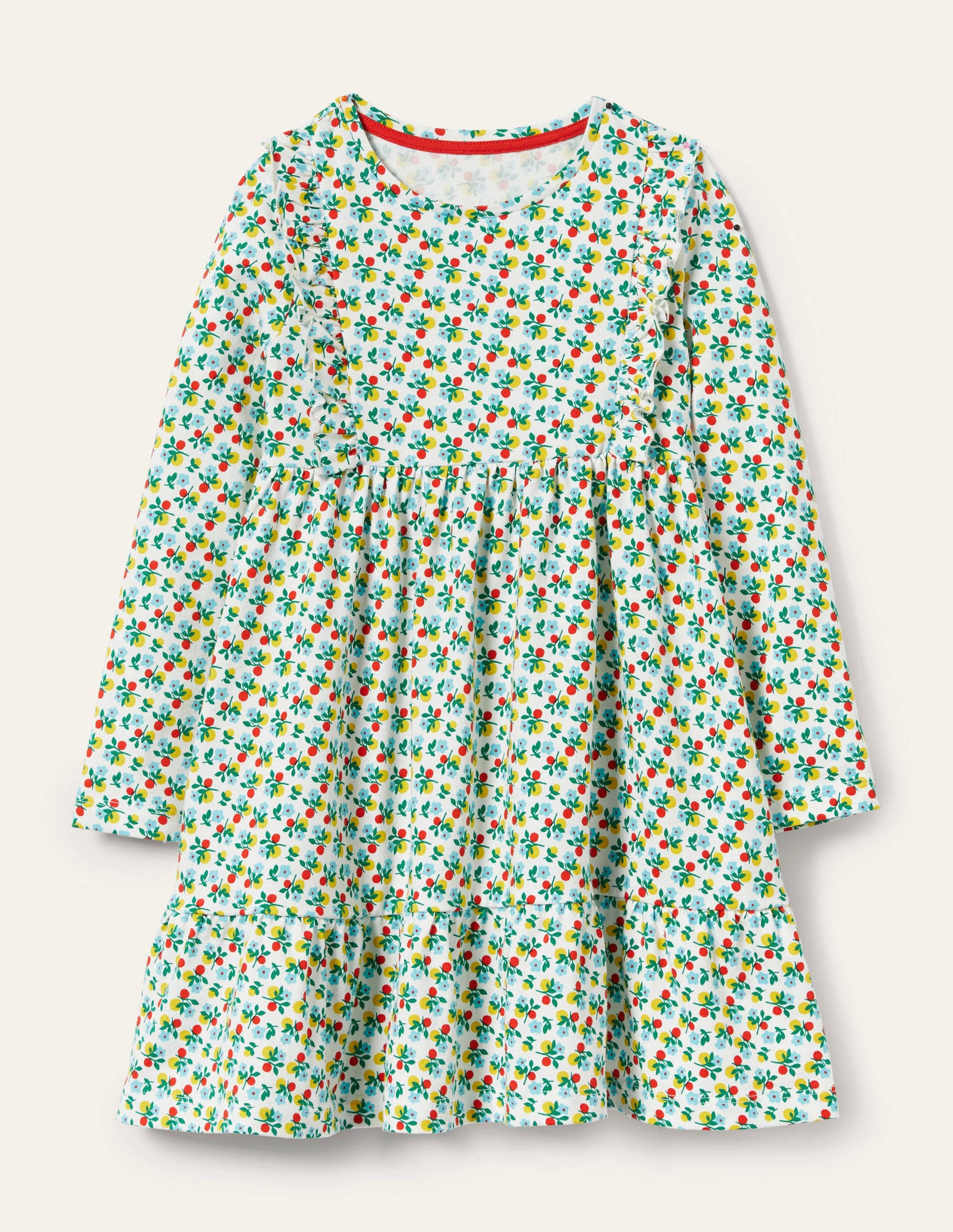Gestuftes Jerseykleid mit Rüschen-Naturweiß, Beerenblüte-1