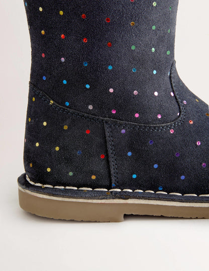 Navy Spots Tall Suede Boots-Schuluniform-Navy/Bunt, Getupft-3