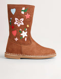 Bottes montantes en daim-Daim fauve brodé